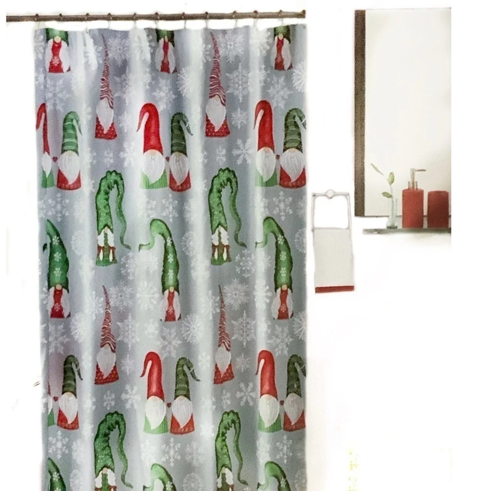 Christmas Bathroom Set Santa Gnomes Curtain Accessories 15 Piece Grey Multicolor